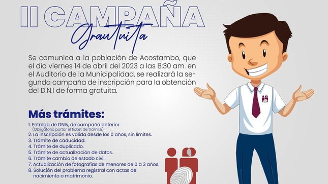 La municipalidad distrital en convenio con la RENIEC, realiza la II Campaña de DNI gratuito. Invitamos a toda la población a participar y poder apoyarlos con algún trámite pendiente. 
