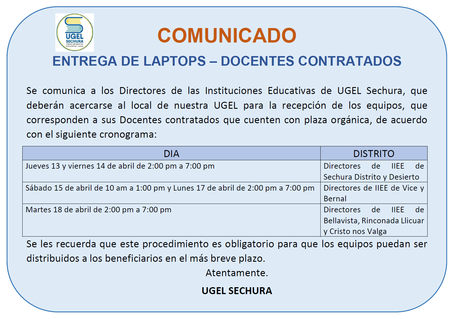 Entrega de laptops - docentes contratados