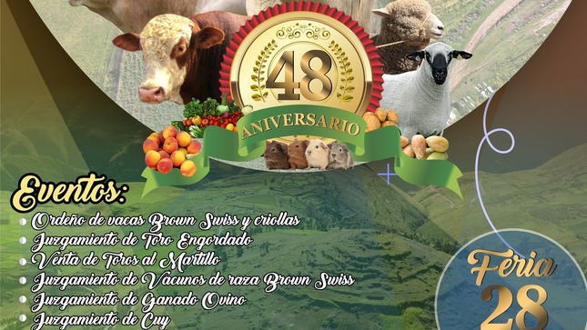 Se invita a la población en general a la Gran Feria Provincial de Charamuray, organizada por la Comunidad Campesina de Charamuray y la Municipalidad Distrital de Colquemarca a través del Proyecto Ferias de la Sub Gerencia de Desarrollo Económico
Habrá exhibiciones de ganado ovino, vacuno, entre otros. Asi mismo, los agricultores de la zona estarán presentes con sus mejores productos frescos y de calidad, como frutas, verduras y mucho más. 
La Feria Ganadera es una plataforma ideal para establecer contactos comerciales y oportunidades de negocio en el sector agropecuario. Podrás interactuar con los productores locales, comerciantes y otros profesionales del rubro. Además de las actividades agropecuarias, la Feria Ganadera también contará con presentaciones artísticas y culturales para el deleite de los participantes. 
No te pierdas la Feria Ganadera Provincial de Charamuray, un evento que promete ser emocionante y enriquecedor para todos los amantes del campo y la ganadería. ¡Te esperamos para disfrutar de esta experiencia única!
¡Colquemarca, un nuevo comienzo con oportunidades para todos!
Prof. Santos Oviedo Ataucuri - Alcalde
Gestión 2023 - 2026

