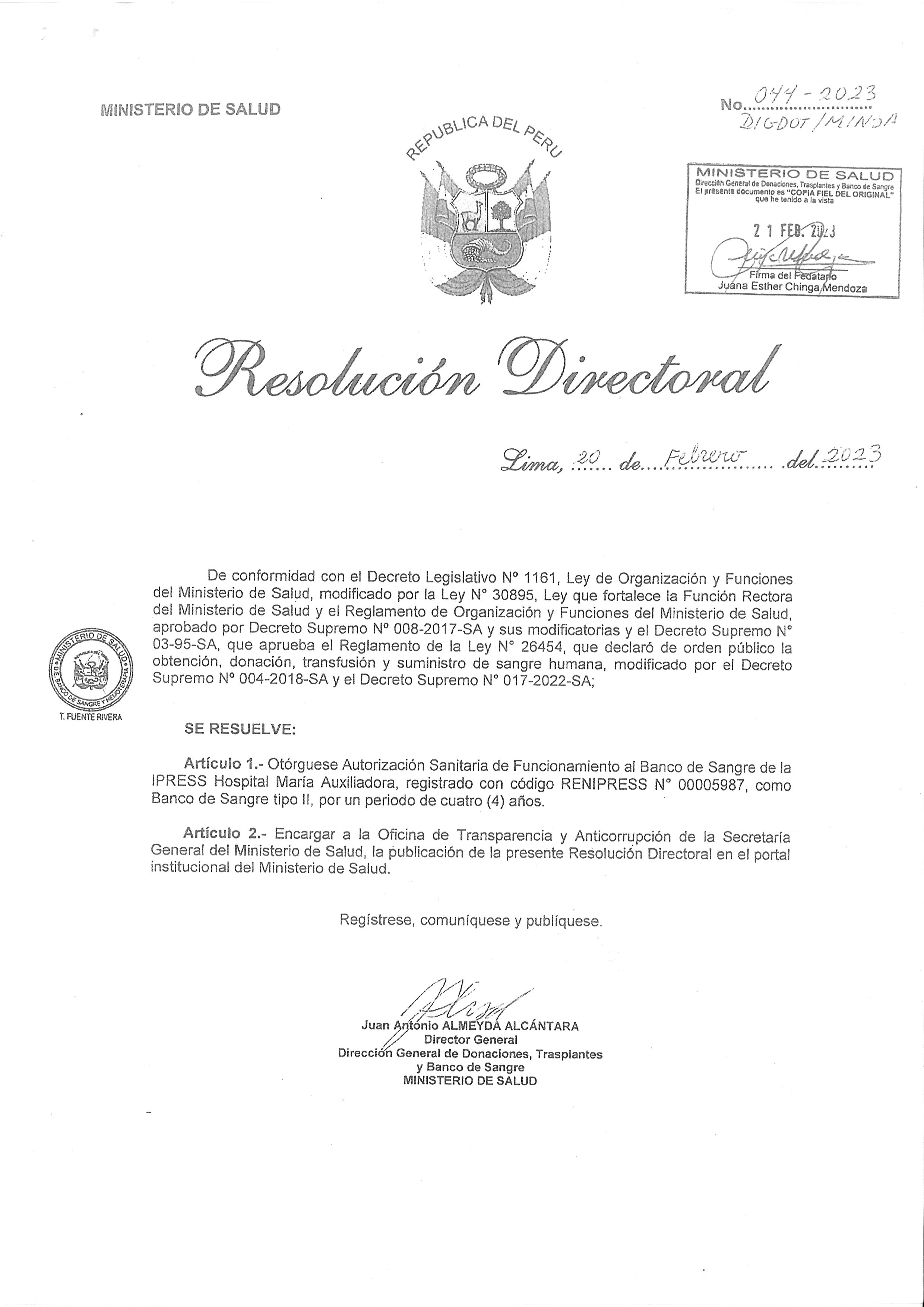¡¡Logramos!! Autorización sanitaria para funcionamiento como banco de sangre tipo II