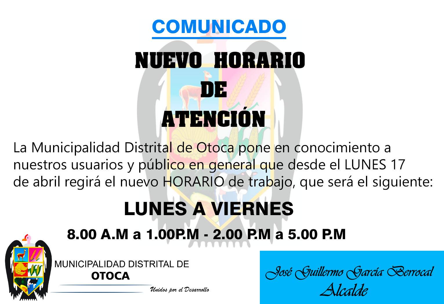 nuevo horario de trabajo de la municipalidad distrital de otoca 2023