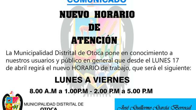 nuevo horario de trabajo de la municipalidad distrital de otoca 2023