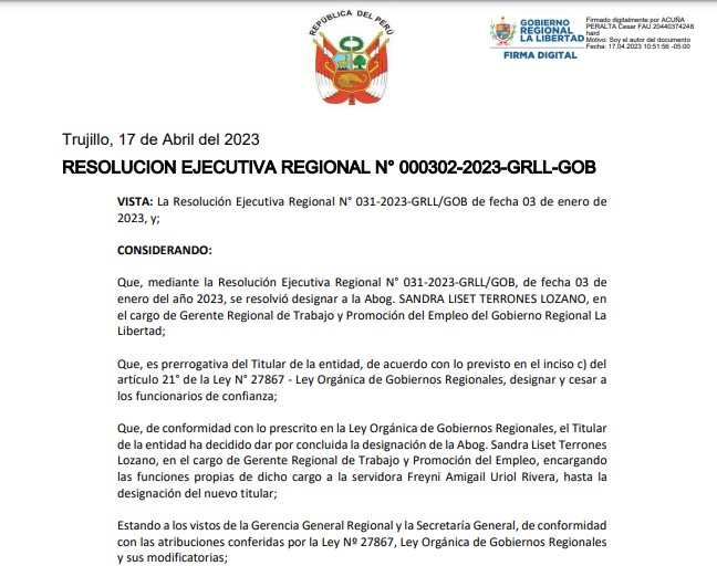 Gobernador César Acuña cesa a Sandra Terrones del cargo de gerente regional de trabajo
