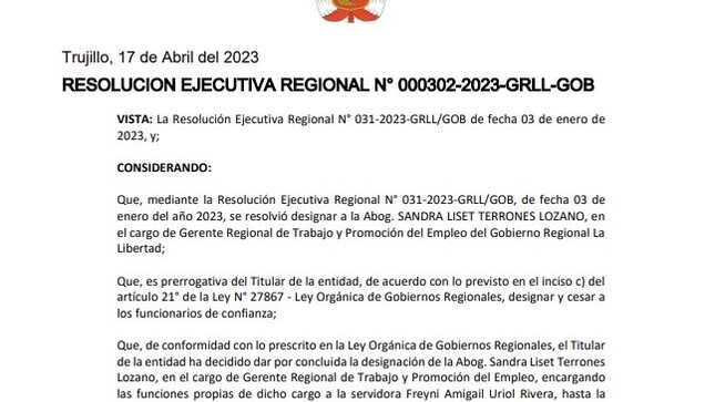 Gobernador César Acuña cesa a Sandra Terrones del cargo de gerente regional de trabajo