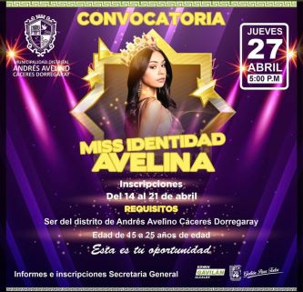 Ven a Participar a I° “MISS IDENTIDAD AVELINA 2023”