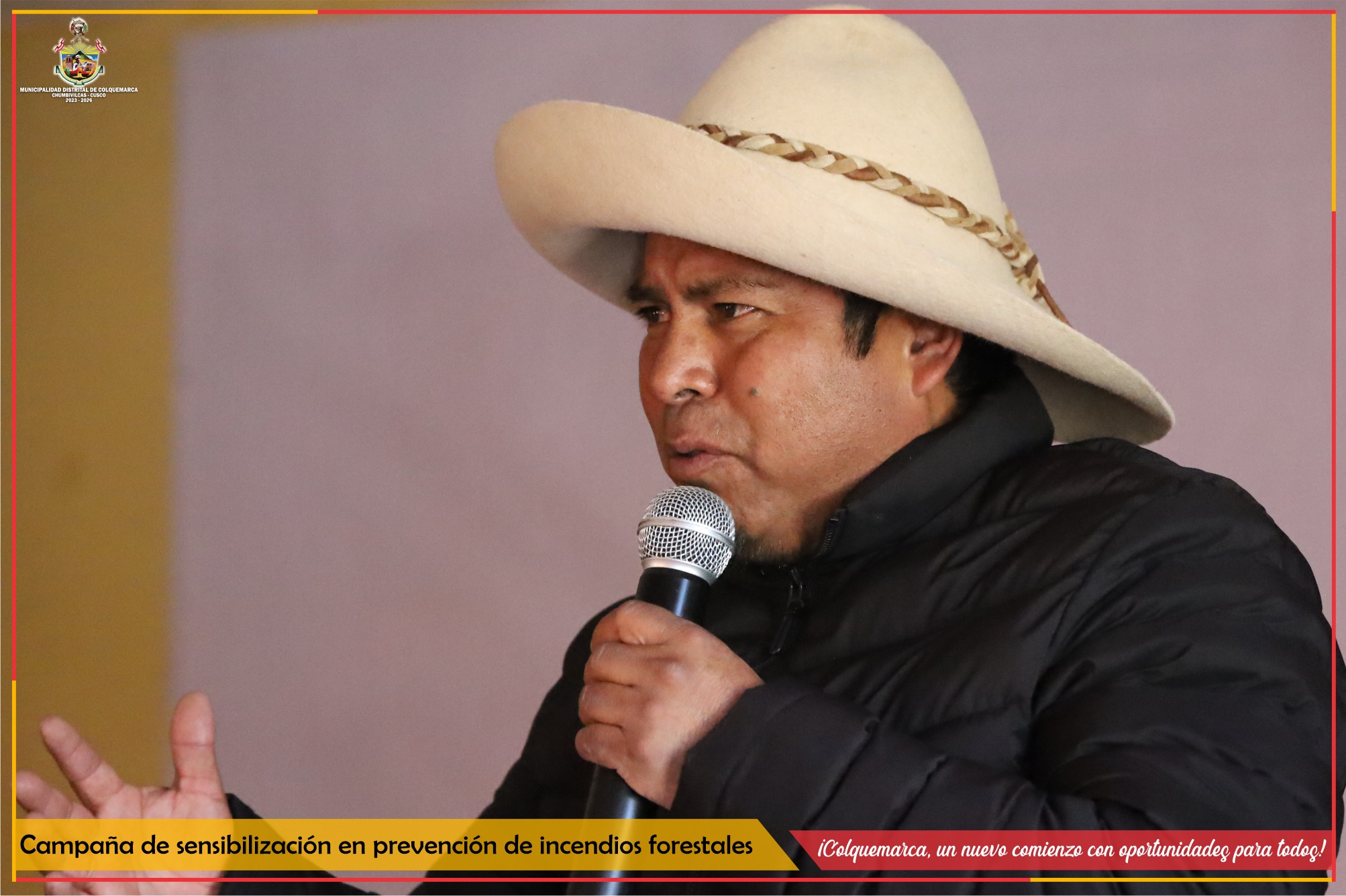 La Municipalidad Distrital de Colquemarca, a través la Oficina de Defensa Civil, en coordinación con la Gerencia Regional de Recursos Naturales y Gestión Ambiental, organizó una charla de sensibilización en prevención y control de incendios forestales en el distrito de Colquemarca. El objetivo principal de la actividad fue promover la conservación de la flora, fauna y ecosistema de la zona, mediante la prevención y el control de incendios forestales.
La charla contó con la presencia del Prof. Santos Oviedo Ataucuri, autoridad edil del distrito de Colquemarca, así como también de los señores regidores, el Ing. Jhunior Quispe Espinoza, jefe de la Oficina de Defensa Civil, y el Ing. Roger Torres Huamanga, representante de la Gerencia Regional de Recursos Naturales y Gestión Ambiental. Todos ellos participaron en la actividad y ofrecieron su colaboración para el desarrollo de la misma.
El evento estuvo dirigido a los presidentes comunales, anexales, ronderos y estudiantes del distrito, quienes asistieron con gran interés y participaron activamente en las diferentes dinámicas y actividades propuestas por los organizadores.
La Municipalidad Distrital de Colquemarca reafirma su compromiso con la preservación del medio ambiente y la promoción de prácticas sostenibles en la zona, y continuará trabajando en conjunto con diferentes entidades y organizaciones para lograr este objetivo.
¡Colquemarca, un nuevo comienzo con oportunidades para todos!
Prof. Santos Oviedo Ataucuri - Alcalde
Gestión 2023 – 2026
