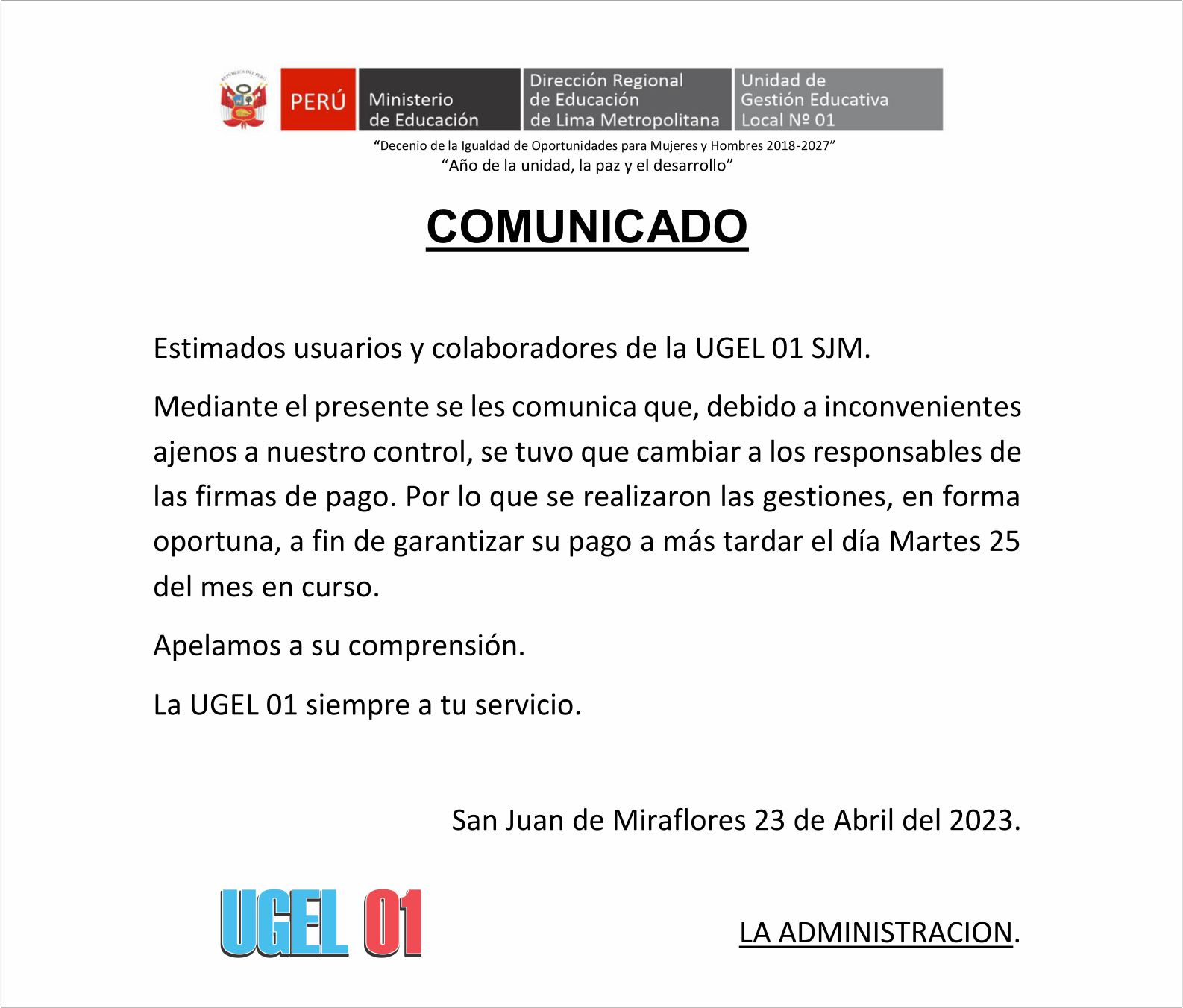 Comunicado - Administración