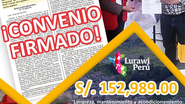 El alcalde Prof. Santos Oviedo Ataucuri, firmó un importante convenio con el programa de empleo temporal "Lurawi Perú", el cual financiará con S/. 152,989.00 soles la "LIMPIEZA, MANTENIMIENTO Y ACONDICIONAMIENTO DE LOS ESPACIOS PÚBLICOS DE LA AVENIDA LA CULTURA, CALLE CONCEPCIÓN, CALLE SAN ANTONIO, EN EL CENTRO POBLADO DE COLQUEMARCA, DISTRITO DE COLQUEMARCA".

Este acuerdo permitirá la generación de 56 puestos de trabajo temporal, lo cual tendrá un impacto directo en la economía de la población de nuestro distrito. La limpieza y mantenimiento de estas áreas públicas no solo mejorará la calidad de vida de los habitantes, sino que también tendrá un efecto positivo en el ornato de nuestro querido distrito.

La decisión política del alcalde Prof. Santos Oviedo Ataucuri y el trabajo del equipo técnico de la Municipalidad Distrital de Colquemarca fueron fundamentales para lograr la firma de este importante convenio. Nos sentimos orgullosos de contar con un liderazgo comprometido y un equipo técnico altamente capacitado, que trabajan día a día para mejorar la calidad de vida de nuestros ciudadanos.

Este convenio es solo uno de los muchos esfuerzos que la Municipalidad Distrital de Colquemarca está llevando a cabo para mejorar la infraestructura y el bienestar de nuestra comunidad. Seguiremos trabajando incansablemente para construir un distrito más próspero, justo y sostenible.

Las inscripciones para beneficiarse del trabajo temporal se realizarán en horario de oficina en la Sub Gerencia de Desarrollo Social del 26 de abril al 05 de mayo, los requisito son: tener entre 18 y 65 años y no contar con empleo actualmente.

¡Colquemarca, un nuevo comienzo con oportunidades para todos!
Prof. Santos Oviedo Ataucuri - Alcalde
Gestión 2023 - 2026 
