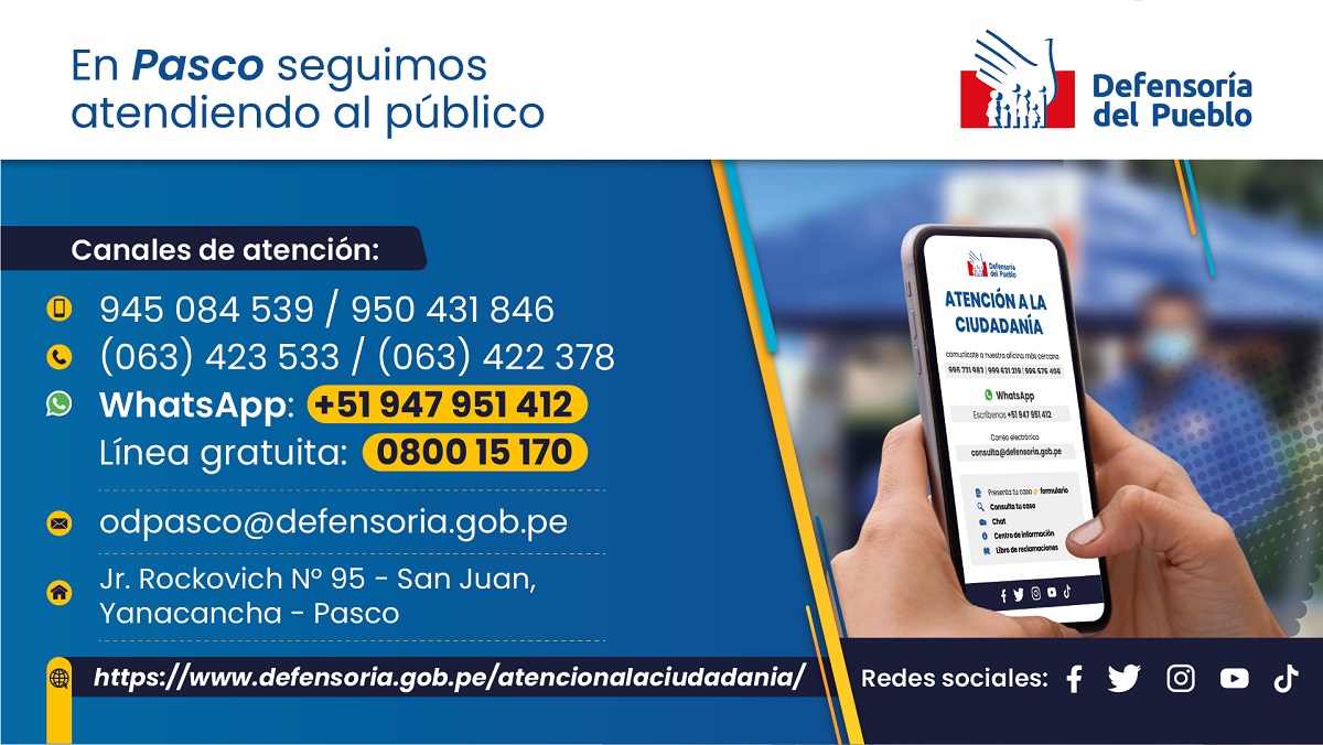 Cartel informativo con dato de la oficina de la Defensoría del Pueblo en Pasco