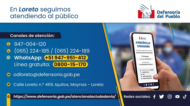 Cartel informativo con dato de la oficina de la Defensoría del Pueblo en Loreto