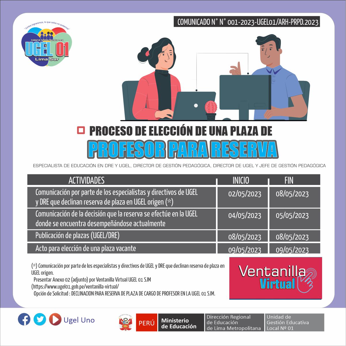 Comunicado N° 001-2023-UGEL01/ARH-PRPD.2023
