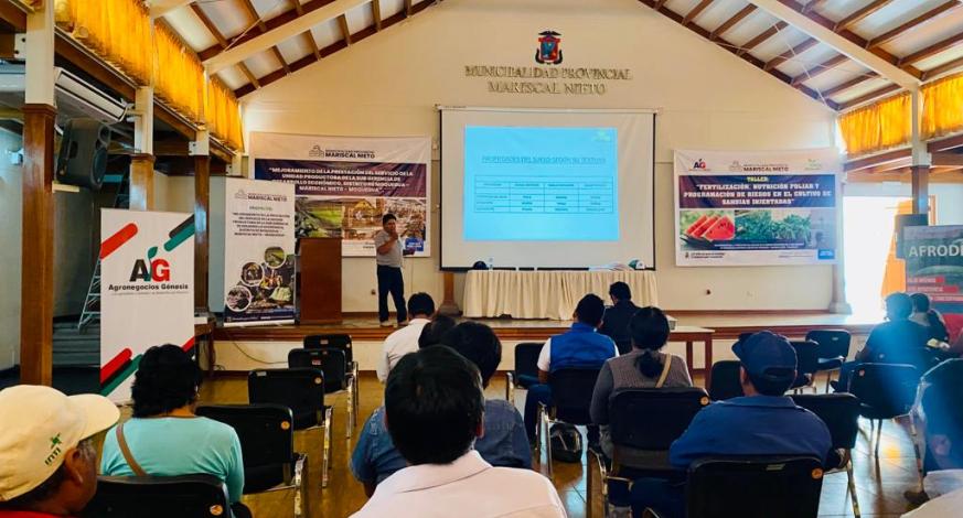 La Municipalidad Provincial de Mariscal Nieto, desarrolló este 22 de marzo el taller de capacitación: "Fertilización, nutrición foliar y programación de riego en el cultivo de sandías injertadas" en las instalaciones del Auditorio del Centro Cultural Santo Domingo.