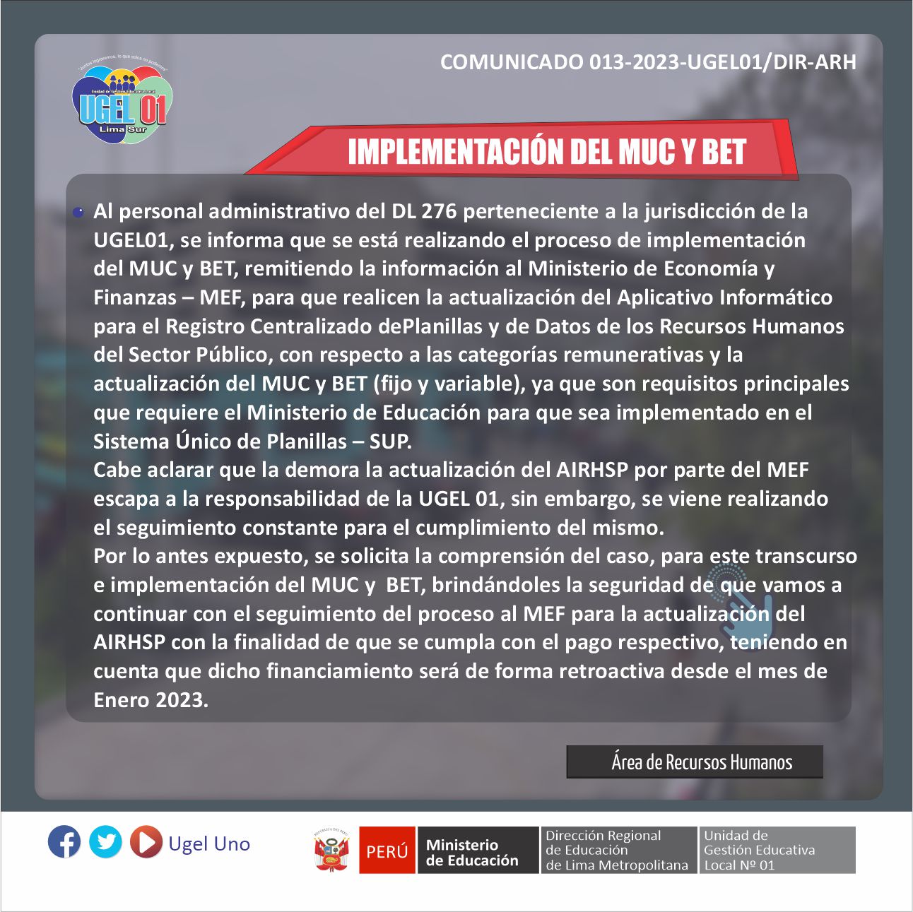 Comunicado 013-2023-UGEL01-DIR-ARH Implementación del MUC Y BET