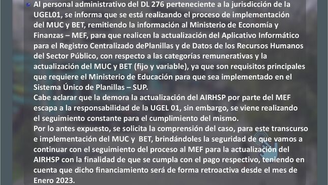 Comunicado 013-2023-UGEL01-DIR-ARH Implementación del MUC Y BET