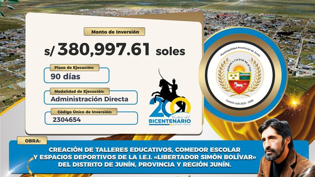CREACIÓN DE TALLERES EDUCATIVOS, COMEDOR ESCOLAR Y ESPACIOS DEPORTIVOS DE LA INSTITUCIÓN EDUCATIVA INTEGRADO LIBERTADOR SIMÓN BOLÍVAR DEL DISTRITO DE JUNÍN, PROVINCIA Y REGIÓN JUNÍN