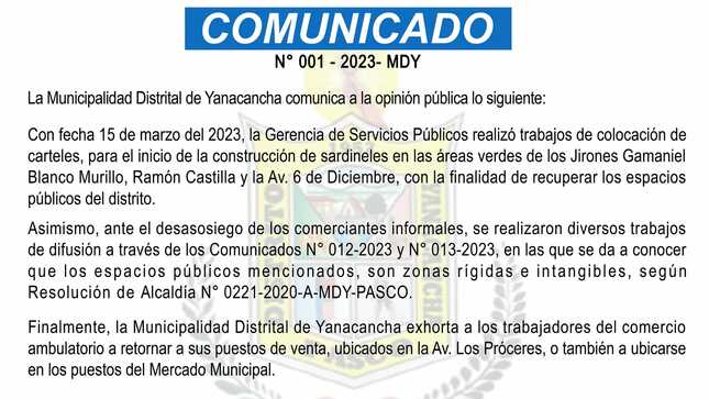 Archivo JPG La Municipalidad Distrital de Yanacancha, Comunicado N° 001-2023 MDY