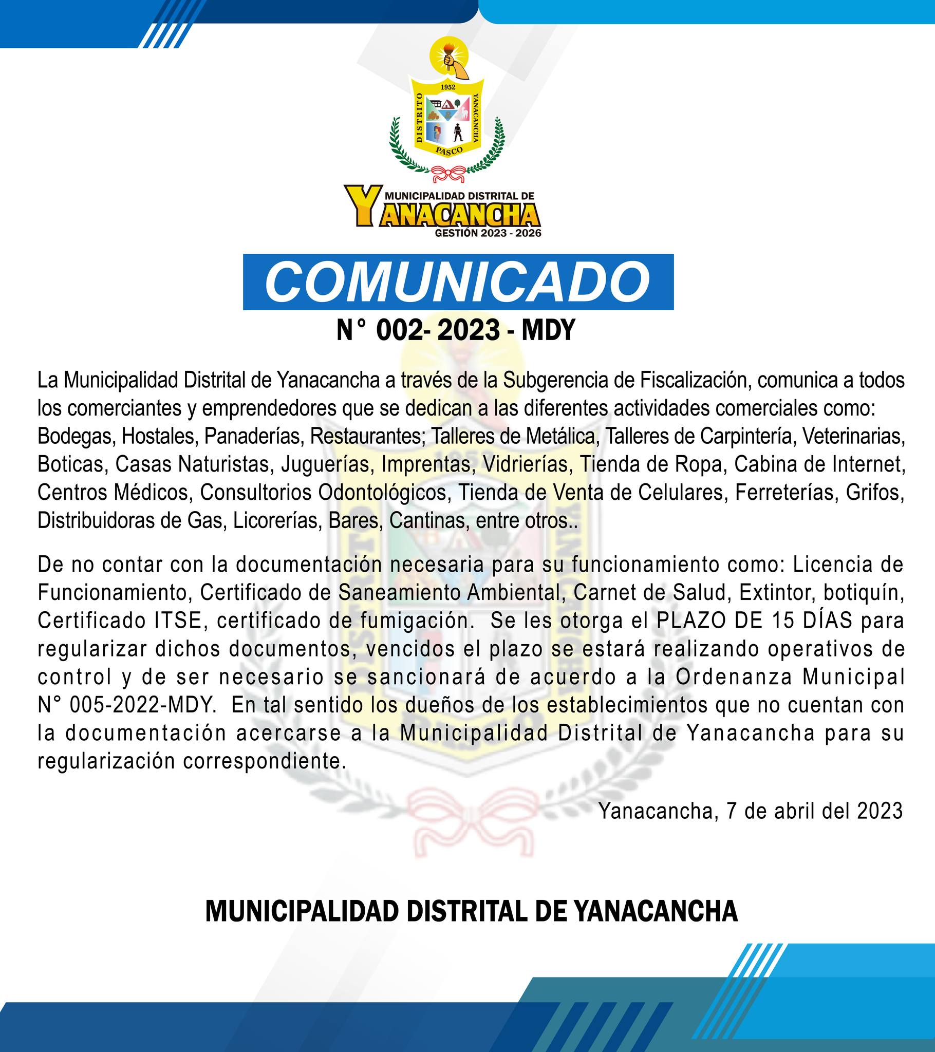 Archivo JPG La Municipalidad Distrital de Yanacancha, Comunicado N° 001-2023 MDY