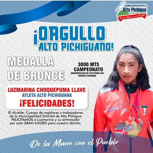 Luzmarina Choquepuma, otorga medalla de bronce para Perú en el marco del Campeonato Sudamericano de Atletismo U20 en la ciudad de Bogotá, Colombia.
Con un tiempo de 10:42.52, Luzmarina se posicionó en el tercer lugar de los 3000 mts femenino. En el podio la acompañarán, Veronica Huacasi (Per) y Karol Luna (Col) siendo oro y plata respectivamente.
Felicitamos a Luzmarina y su entrenador por este gran logro. 🤩
𝑫𝒆 𝒍𝒂 𝒎𝒂𝒏𝒐 𝒄𝒐𝒏 𝒆𝒍 𝑷𝒖𝒆𝒃𝒍𝒐
Tec. Ramiro Valer Hacha   