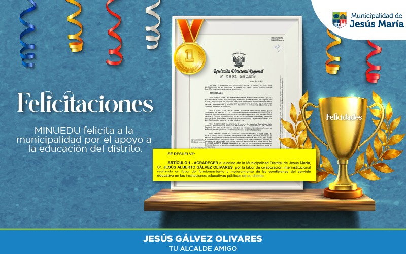 👏 La familia municipal de Jesús María expresa su más sincero agradecimiento al @Ministerio de Educación por el reconocimiento recibido a través de la @Dirección Regional de Educación de Lima Metropolitana.