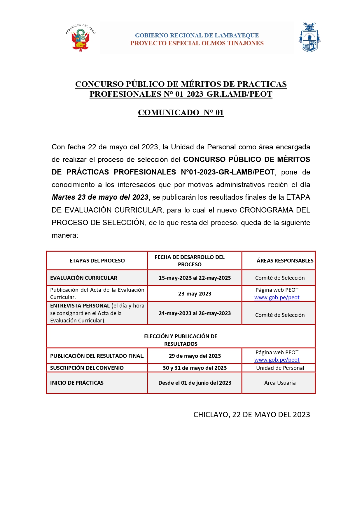 Comunicado N° 01 CPM de Prácticas Profesionales 001-2023