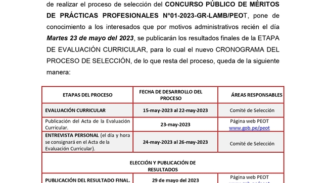 Comunicado N° 01 CPM de Prácticas Profesionales 001-2023