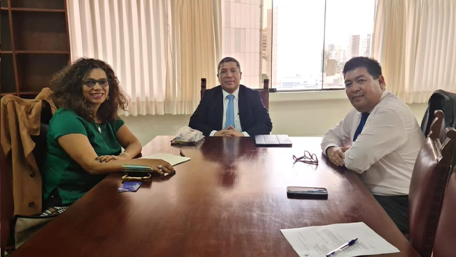 El Secretario General del TC, Alberto Che-Piú y el Jefe del Gabinete de ASsesores, Berly López Flores se reunieron con la profesora María Luisa Rodríguez Peñaranda.