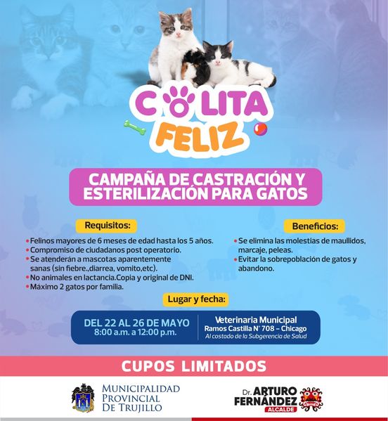 Afiche de campaña gratuita de castración y esterilización para gatos.
