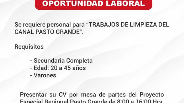 Oportunidad laboral: trabajos de limpieza del canal pasto grande