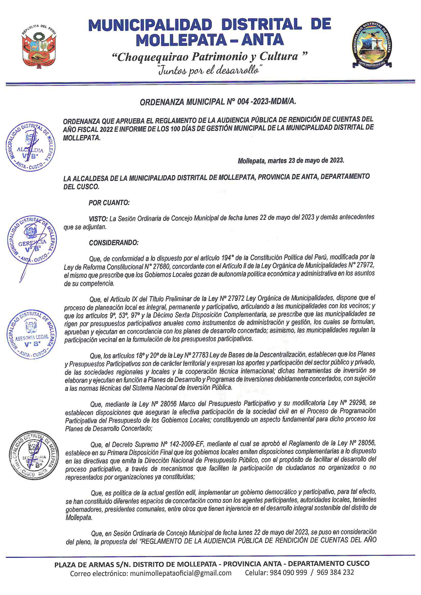 Imagen de la Ordenanza Municiapal N°004-MDM/A - Parte 1