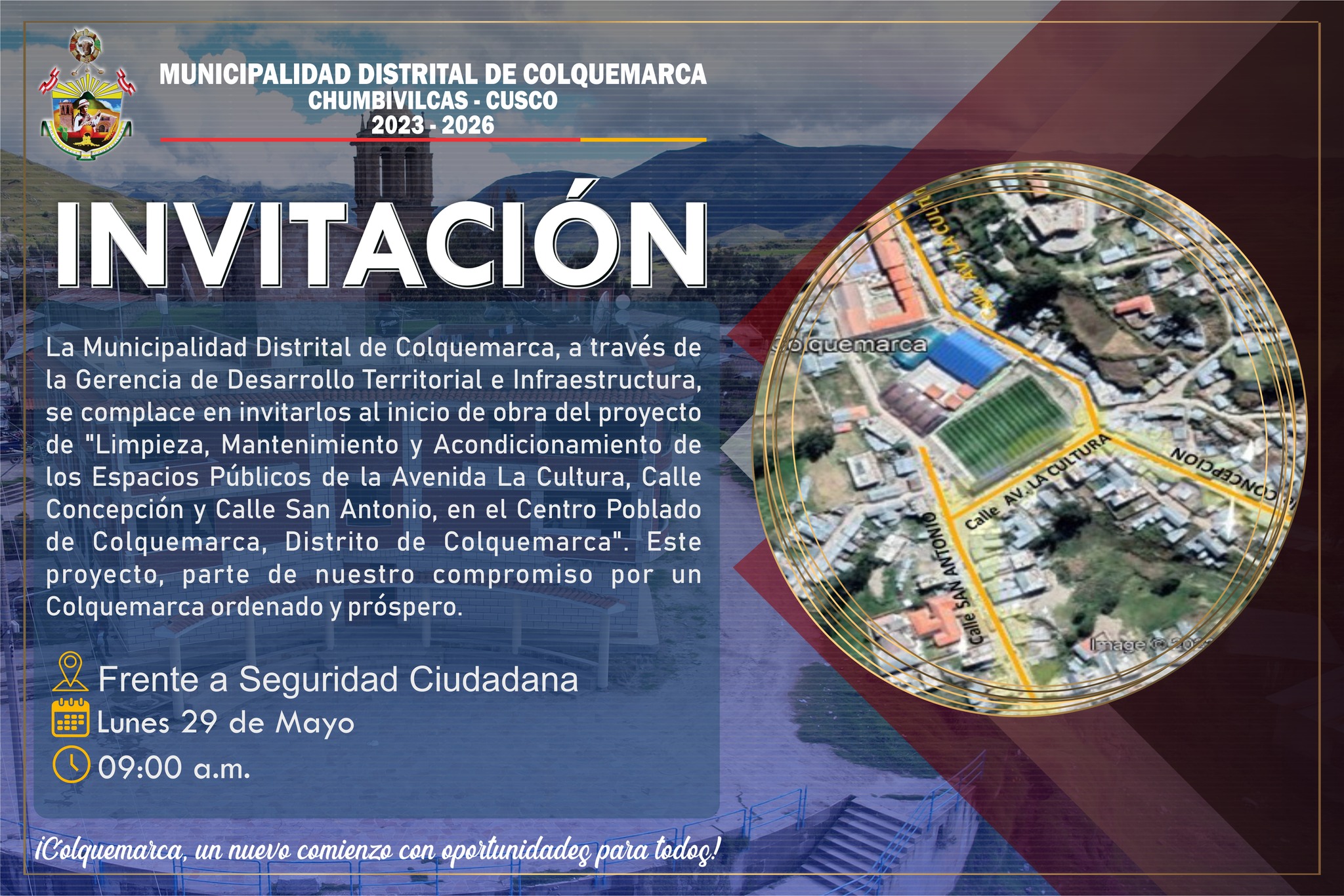 Inicio de Obra: "Limpieza, Mantenimiento y Acondicionamiento de los Espacios P煤blicos de la Avenida La Cultura, Calle Concepci贸n y Calle San Antonio, en el Centro Poblado de Colquemarca, Distrito de Colquemarca.
饾悑饾悢饾悊饾悁饾悜: Frente a Seguridad Ciudadana
饾悈饾悇饾悅饾悋饾悁: Lunes 29 de mayo
饾悋饾悗饾悜饾悁: 09:00 a.m.
隆Colquemarca, un nuevo comienzo con oportunidades para todos!
Prof. Santos Oviedo Ataucuri - Alcalde
Gesti贸n 2023 - 2026