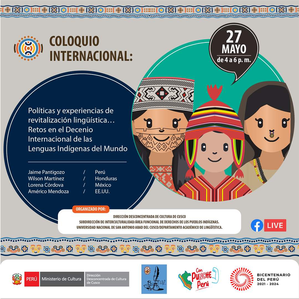 Banner Publicitario del Coloquio Internacional “Políticas y experiencias de revitalización lingüística…Retos en el Decenio Internacional de las Lenguas Indígenas del Mundo”