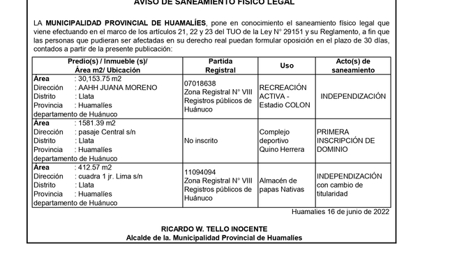 AVISO DE SANEAMIENTO FISICO LEGAL
