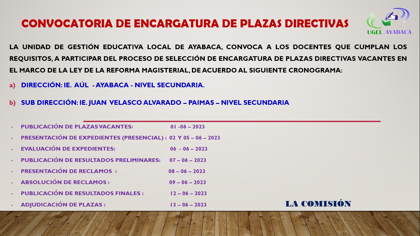 Convocatoria de encargaturas de Plazas Directivas