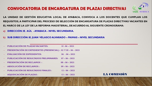 Convocatoria de encargaturas de Plazas Directivas