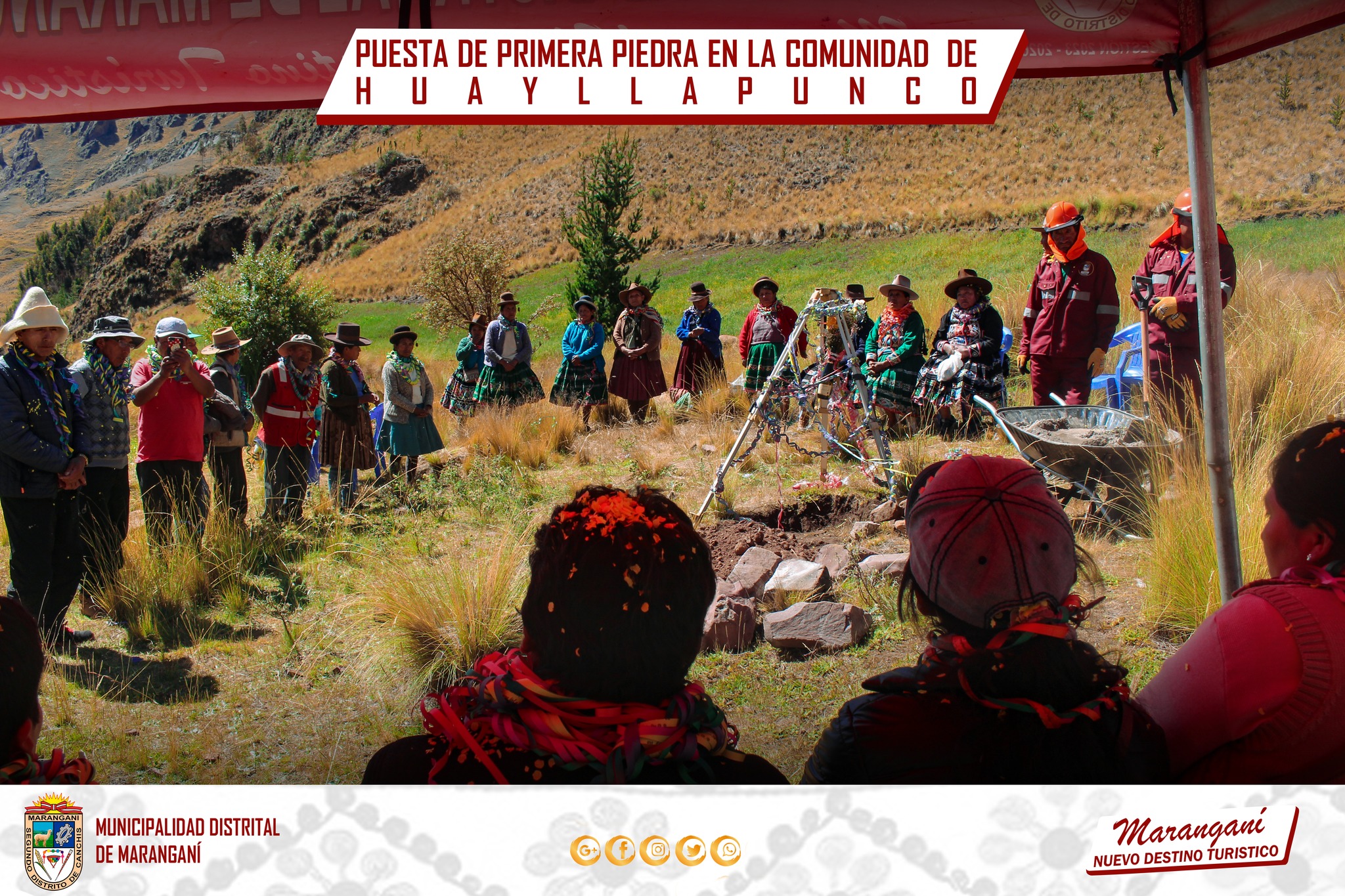 PUESTA DE PRIMERA PIEDRA PARA EL MEJORAMIENTO DEL SERVICIO DE AGUA Y RIEGO EN LA COMUNIDAD CAMPESINA DE HUAYLLAPUNCO
El Gobierno Local de Maranganí, encabezado por el Sr. Alcalde Prof. Filomeno Condori Mamani acompañado por los señores regidores. Cumplieron hoy con la colocación de la primera piedra para hacer una realidad este anhelado obra que será beneficio para toda la comunidad.
Finalmente el Sr. Presidente de la comunidad Hipólito Alvares agradeció a las autoridades del distrito señalando que "la gestión 2023 - 2026 nos cumplió nuestro pedido y de eso estamos muy agradecidos" manifestó.