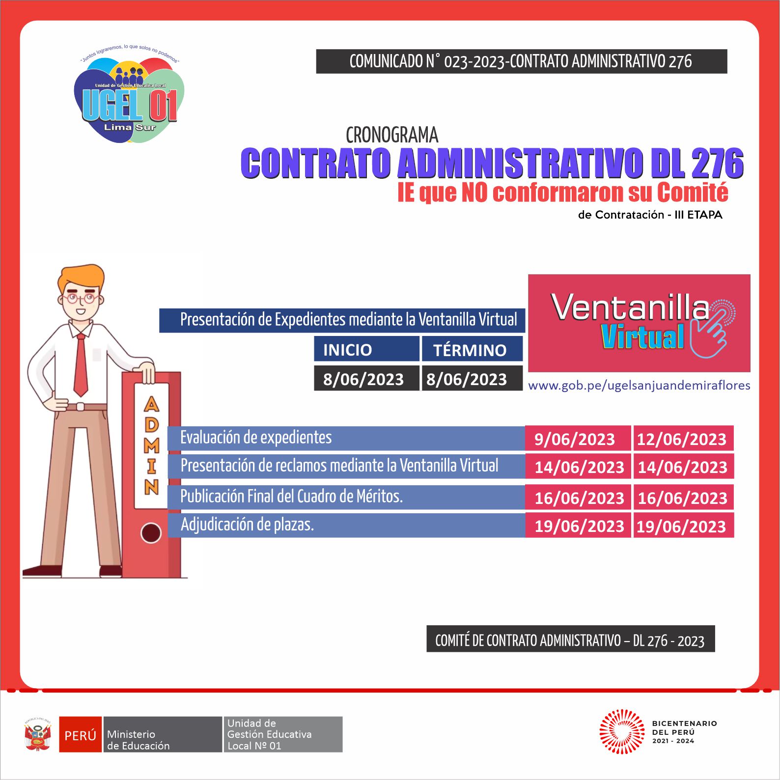 Cronograma Contrato Administrativo DL 276 IE que no conformaron su comité de contratación III Etapa