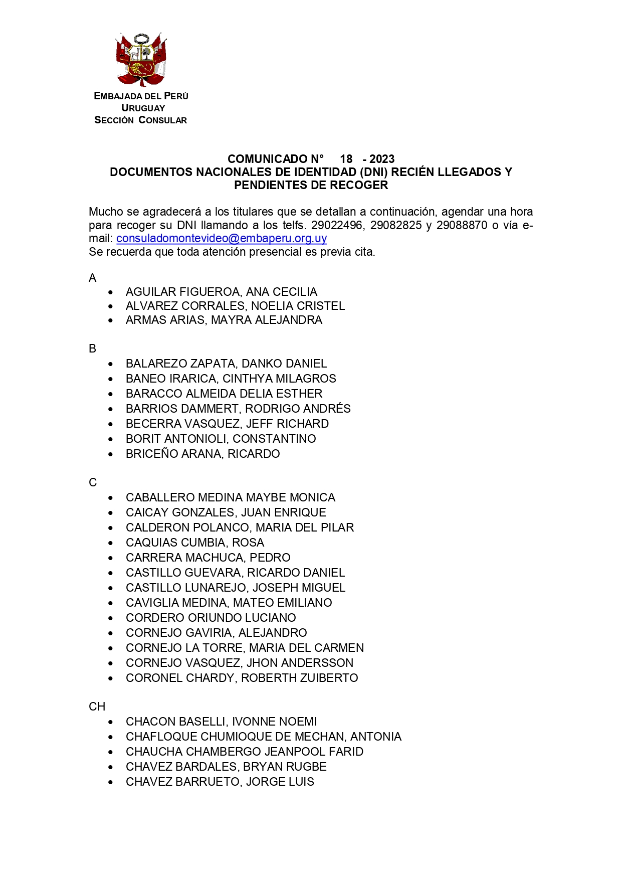 COMUNICADO N° 18 - 2023