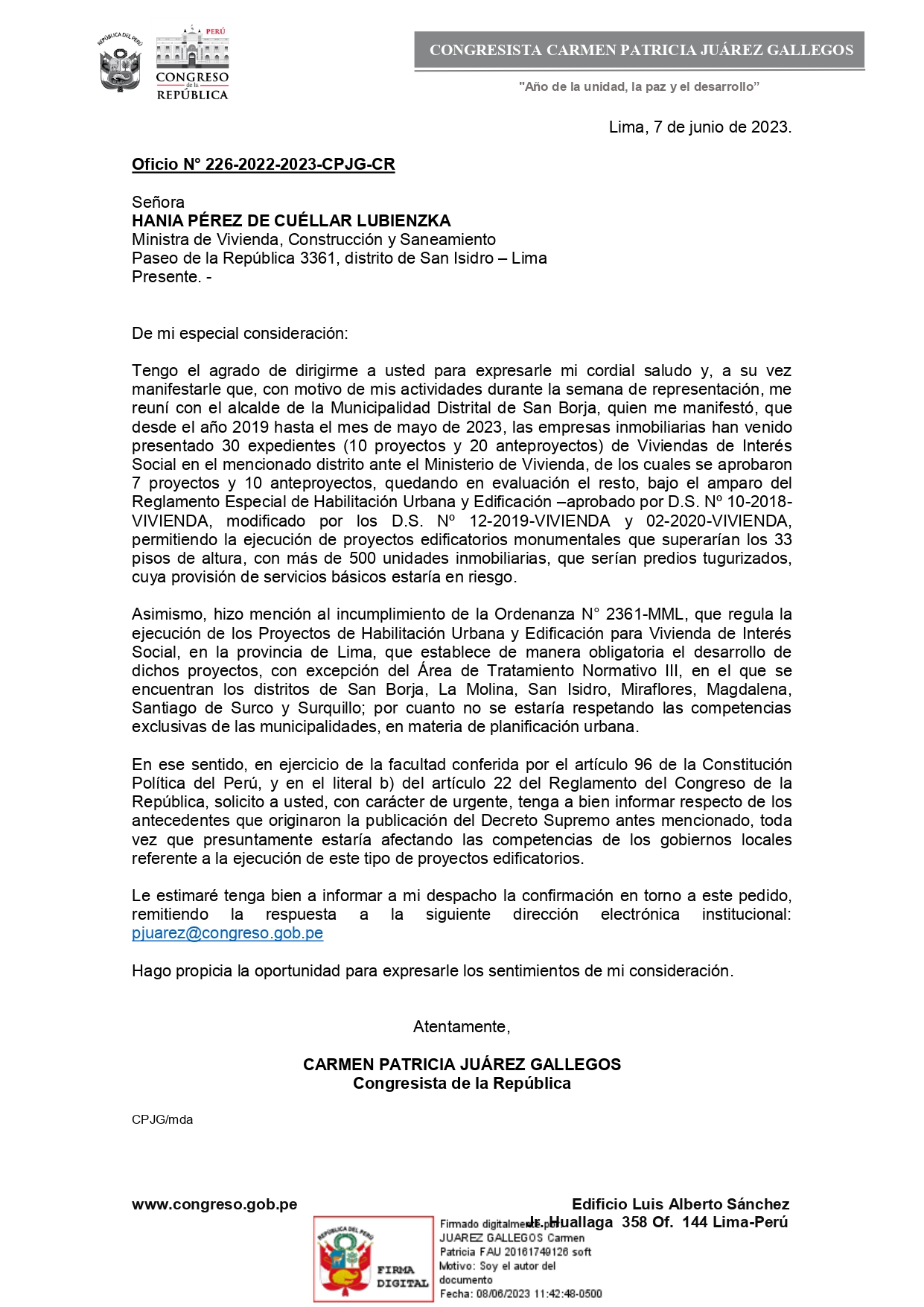 Pronunciamiento de la Congresista del VIS.