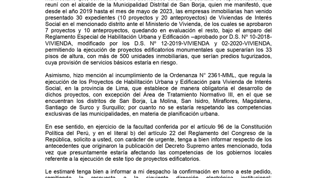 Pronunciamiento de la Congresista del VIS.