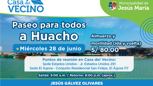 Este miércoles 28 de junio podrás disfrutar de un plan diferente 🚌🥳 porque ¡Nos vamos a Huacho!
¡No esperes más, reserva tu cupo hoy mismo! 🏃‍♀️