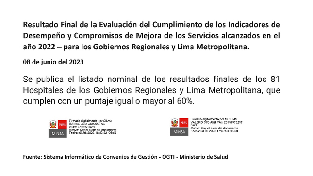 Resultados evaluación de cumplimiento MINSA