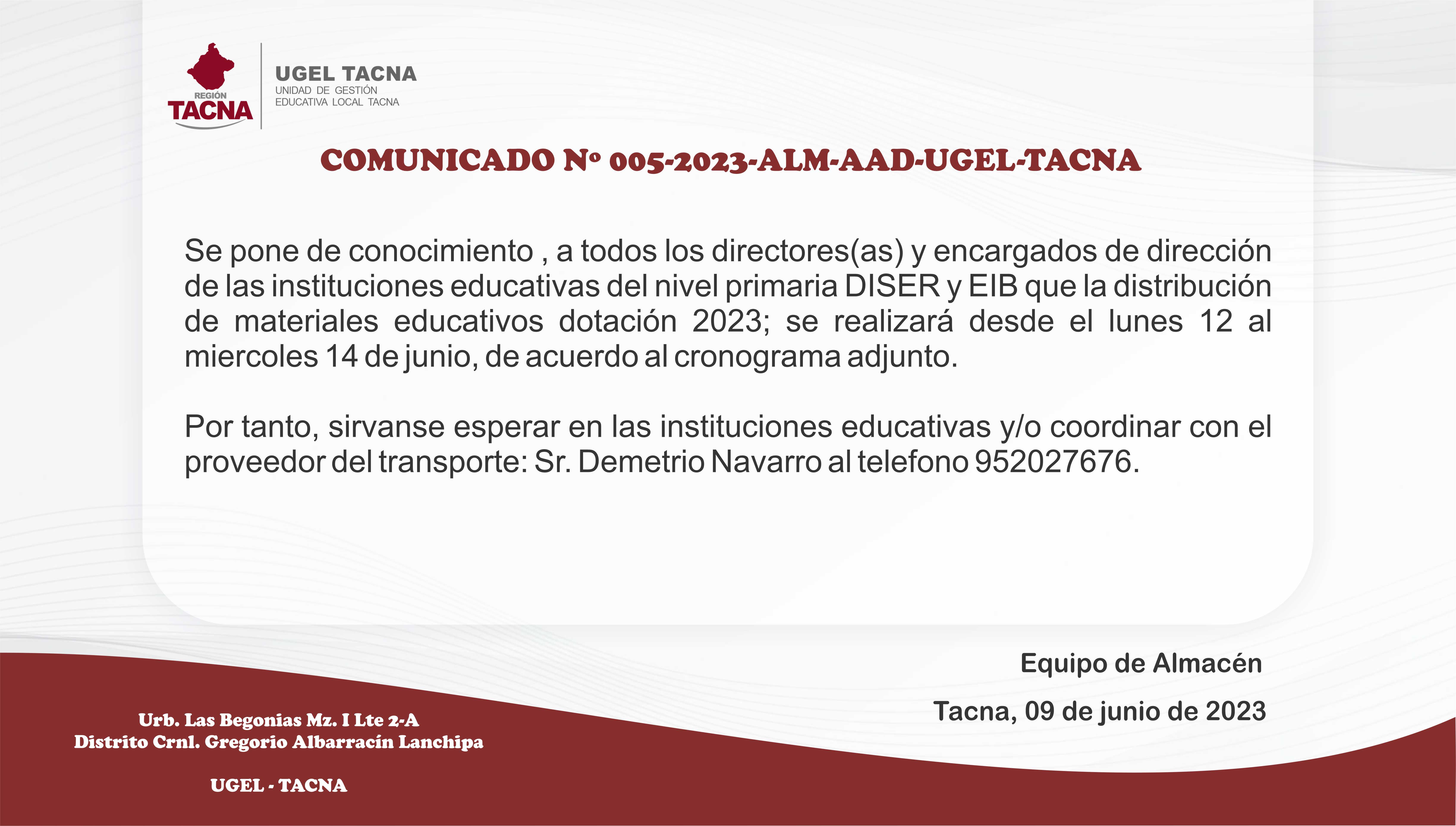 Comunicado Nº005-2023-ALM-AAD-UGEL-TACNA
