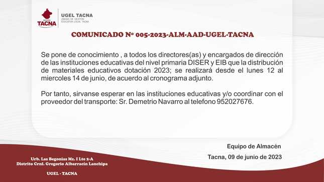 Comunicado Nº005-2023-ALM-AAD-UGEL-TACNA
