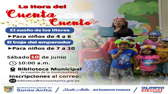 ππ ππππ πππ ππππππ ππππππ
Este sΓ‘bado 10 de junio continuamos con el Club de Lectura Infantil.
El SueΓ±o de los tΓteres (4 β 6 AΓOS)
Horario: 10:00 am a 11:00 am
El Traje del Emperador (7 β 10 AΓOS)
Horario: 11:00 am a 12:00 pm
Biblioteca Municipal
Ven e inscrΓbete
Al correo: biblioteca@munisantanita.gob.pe
#santaanitaenbuenasmanos
#cuentosinfantiles
#olimpioalegria