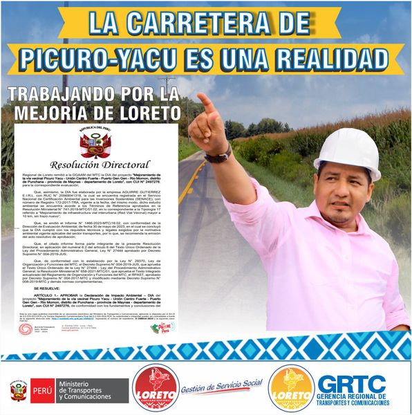 Este martes se hará la puesta de la primera piedra para dar inicio a la construcción de la carretera Picuroyacu.
Obra beneficiará a más 17 comunidades , brindando facilidad de transporte y sobre todo de poder llevar sus productos a los mercados de la zona.