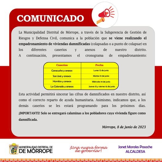 Municipalidad Distrital de Mórrope realiza empadronamiento de viviendas damnificadas.