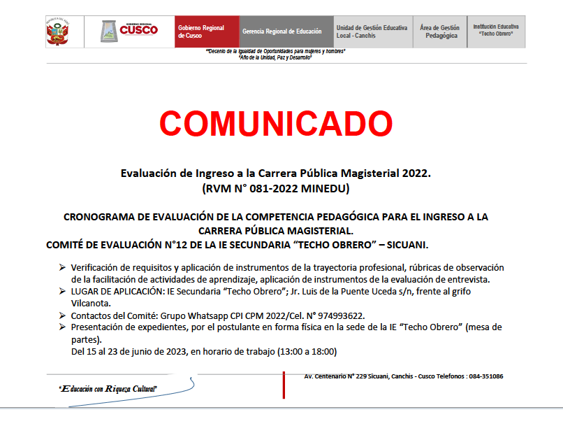 COMITÉ DE EVALUACIÓN N°12 DE LA IE SECUNDARIA “TECHO OBRERO” – SICUANI.