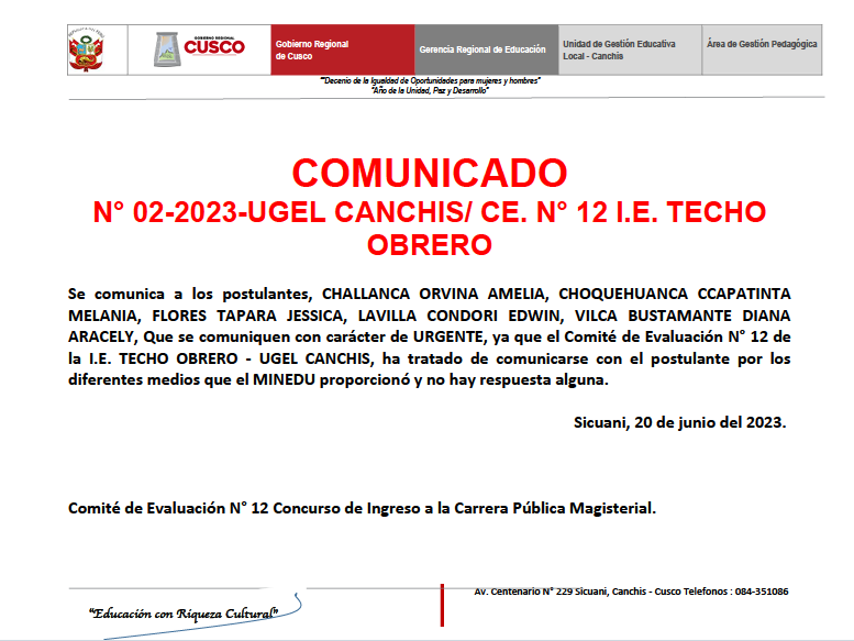 Comunicado n° 02-2023-UGEL CANCHIS/ CE. N° 12 I.E. TECHO OBRERO