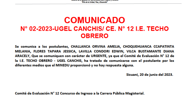 Comunicado n° 02-2023-UGEL CANCHIS/ CE. N° 12 I.E. TECHO OBRERO