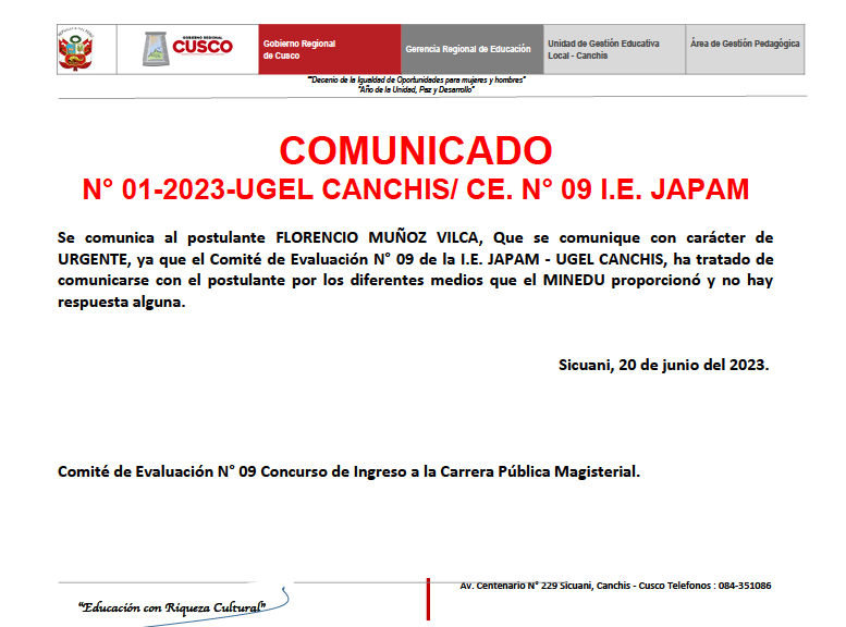 Comunicado n° 01-2023-UGEL CANCHIS/ CE. N° 09 I.E. JAPAM